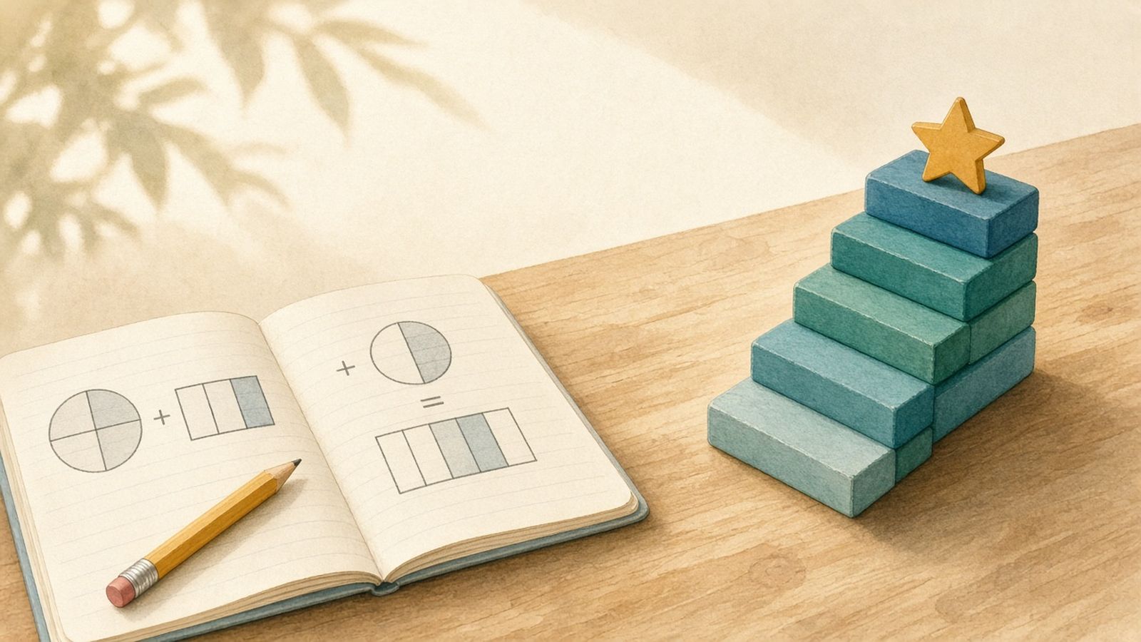 Watercolour of a child's wooden desk with an open exercise book of fraction sums and a pencil, beside a staircase of blue and green wooden blocks topped with a gold star, a picture of Bayesian Knowledge Tracing building confidence in a skill step by step