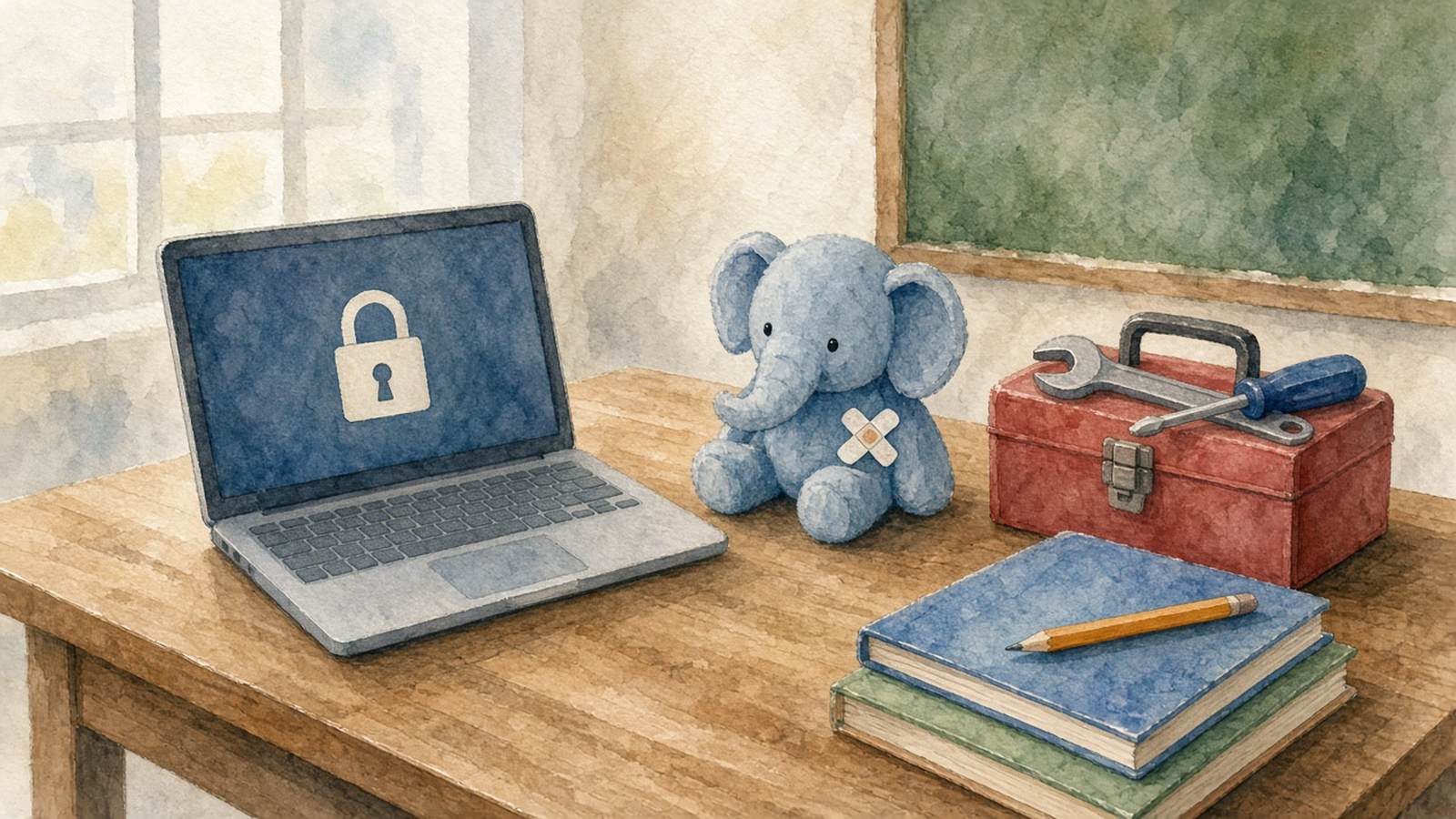 Watercolour of a teacher's wooden desk with a laptop showing a padlock, a plush blue elephant (the PHP mascot) wearing a sticking plaster, and a red toolbox with a spanner, a picture of schools patching the PHP2Shell vulnerability