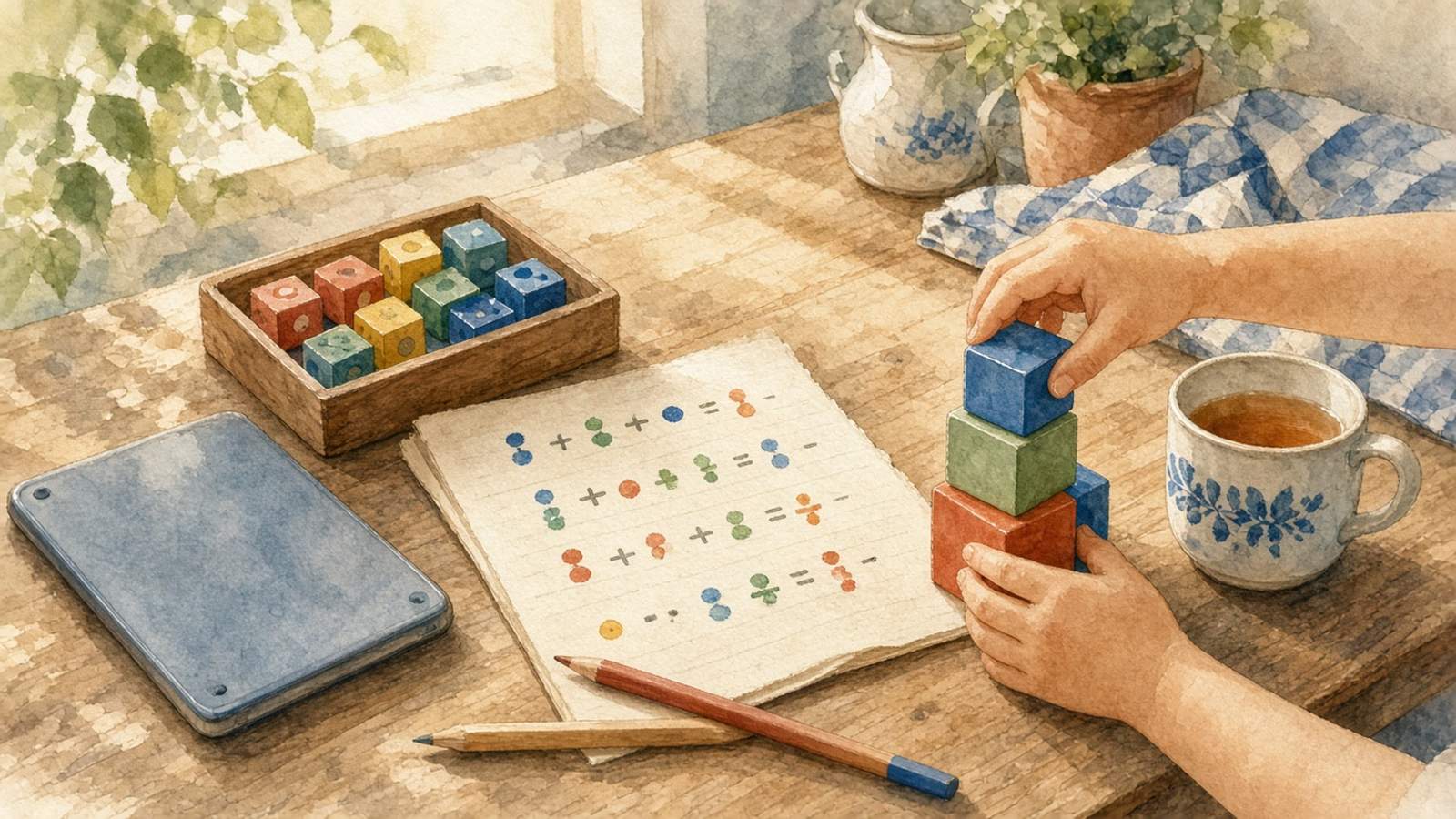 Watercolour of a sunny kitchen table with a tablet lying face down beside a box of wooden counting blocks, an exercise book of simple sums and a child's hands stacking blocks, a picture of screen time and learning at home